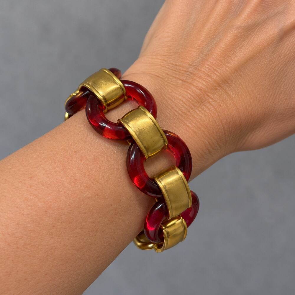 Rustic Cuff Burgundy Translucent Lucite Gold Tone Chunky Link Bracelet